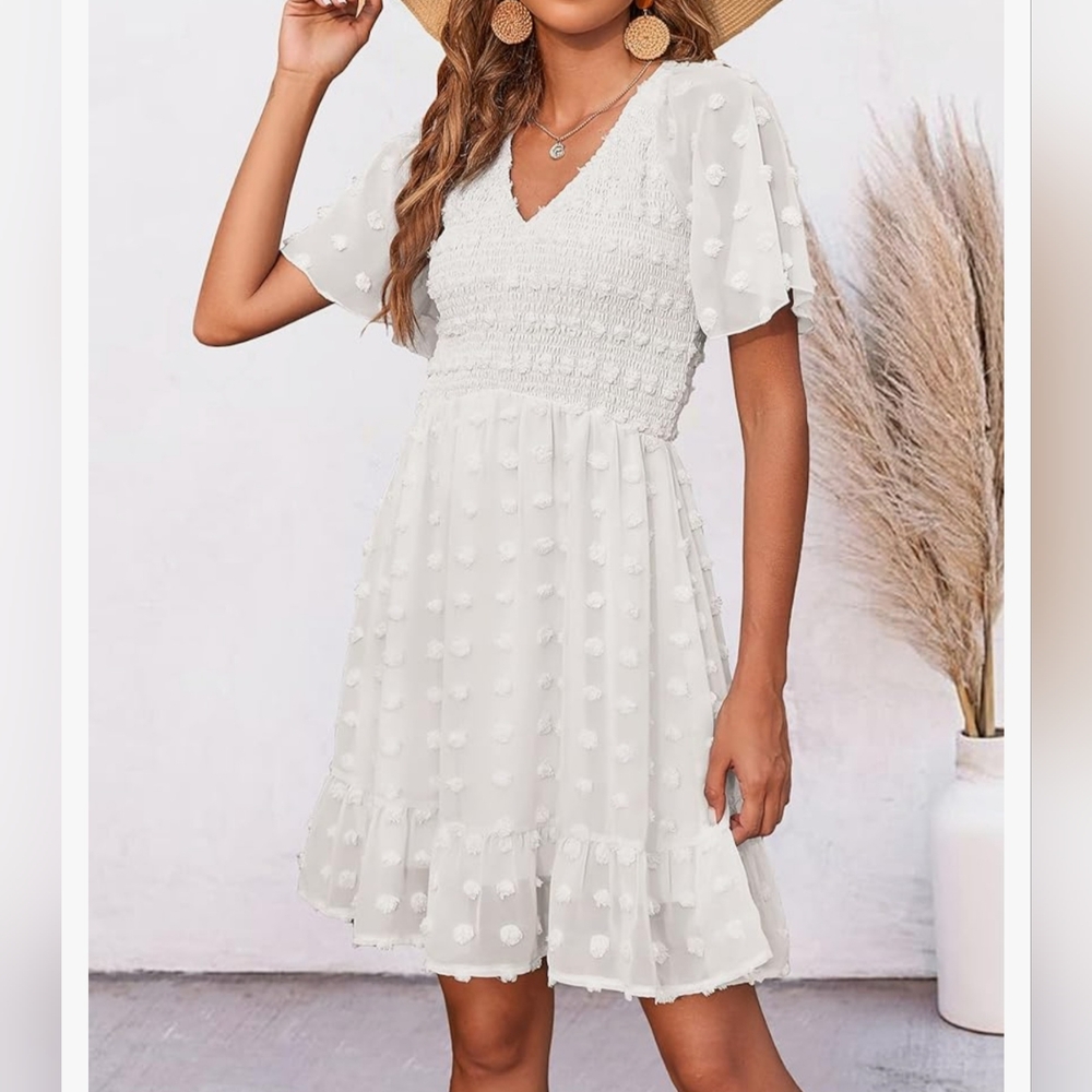 Women's White Smocked Short Sleeve Casual Dress Swiss Dot Swing Flowy